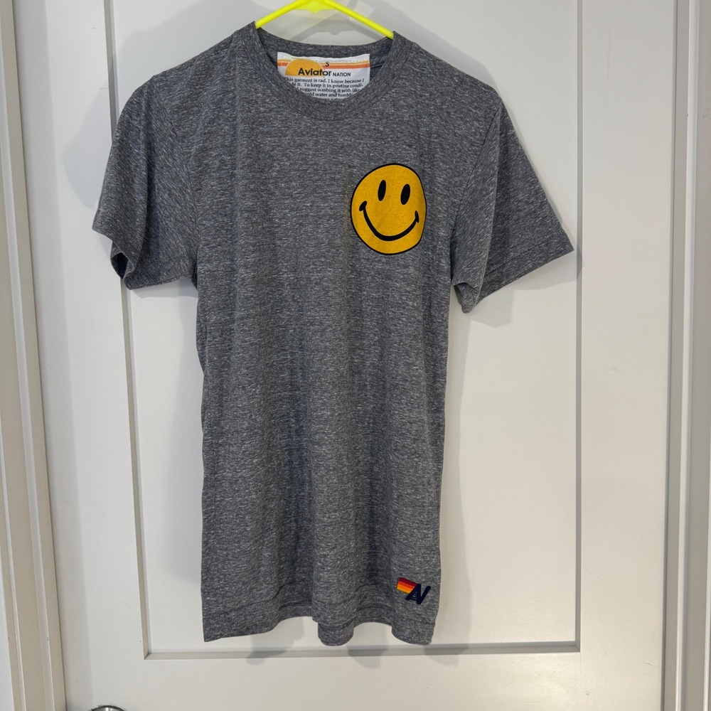 Aviator Nation Smiley Face Heather Grey T-Shirt Small S Short‎ Sleeve Crew Neck